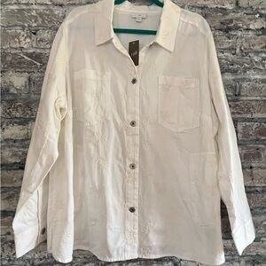 J. Jill White with cream embroidered cotton Button-Down Shirt with pockets NWT